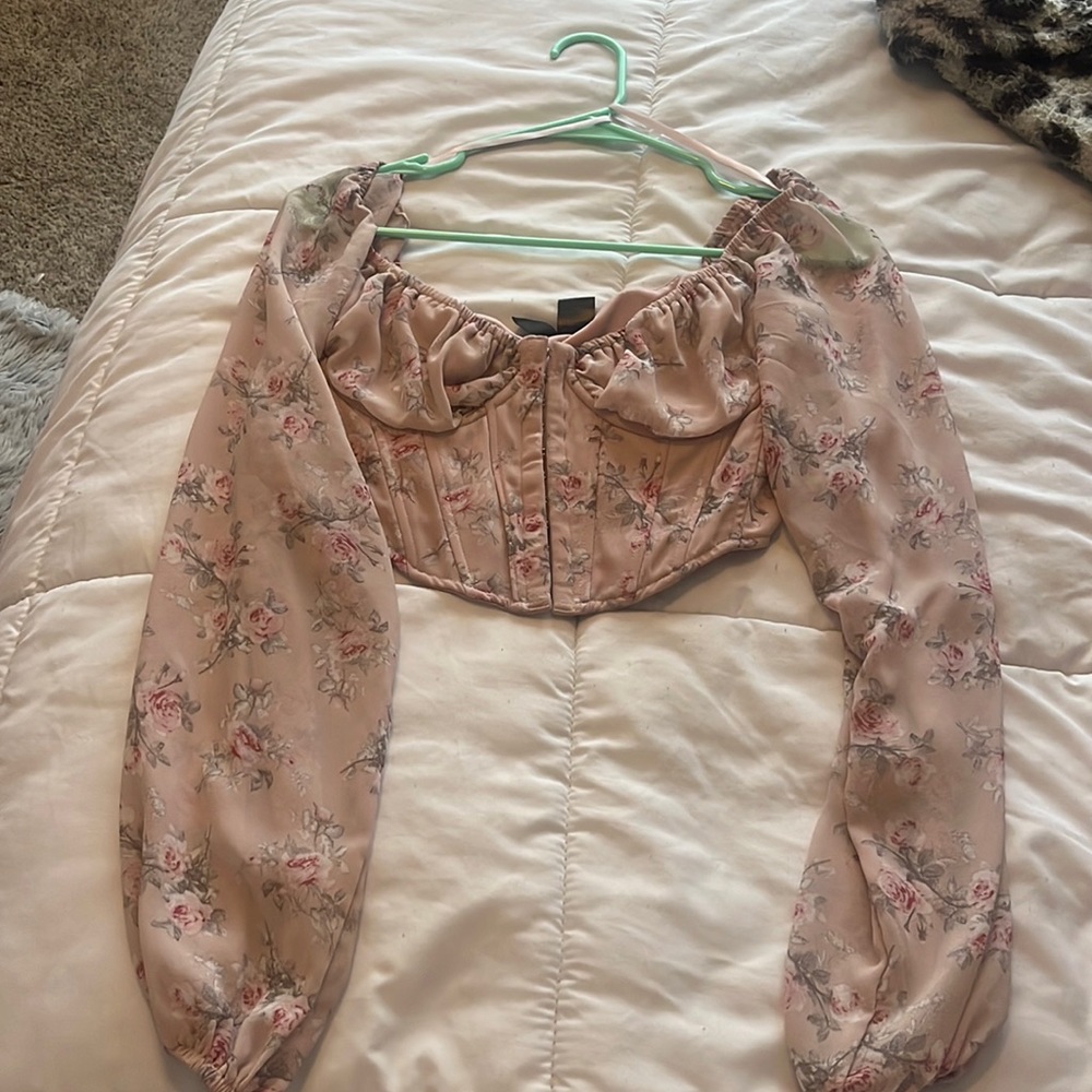Mesh Long Sleeve Floral Corset Blouse Top Pink and White Windsor Medium